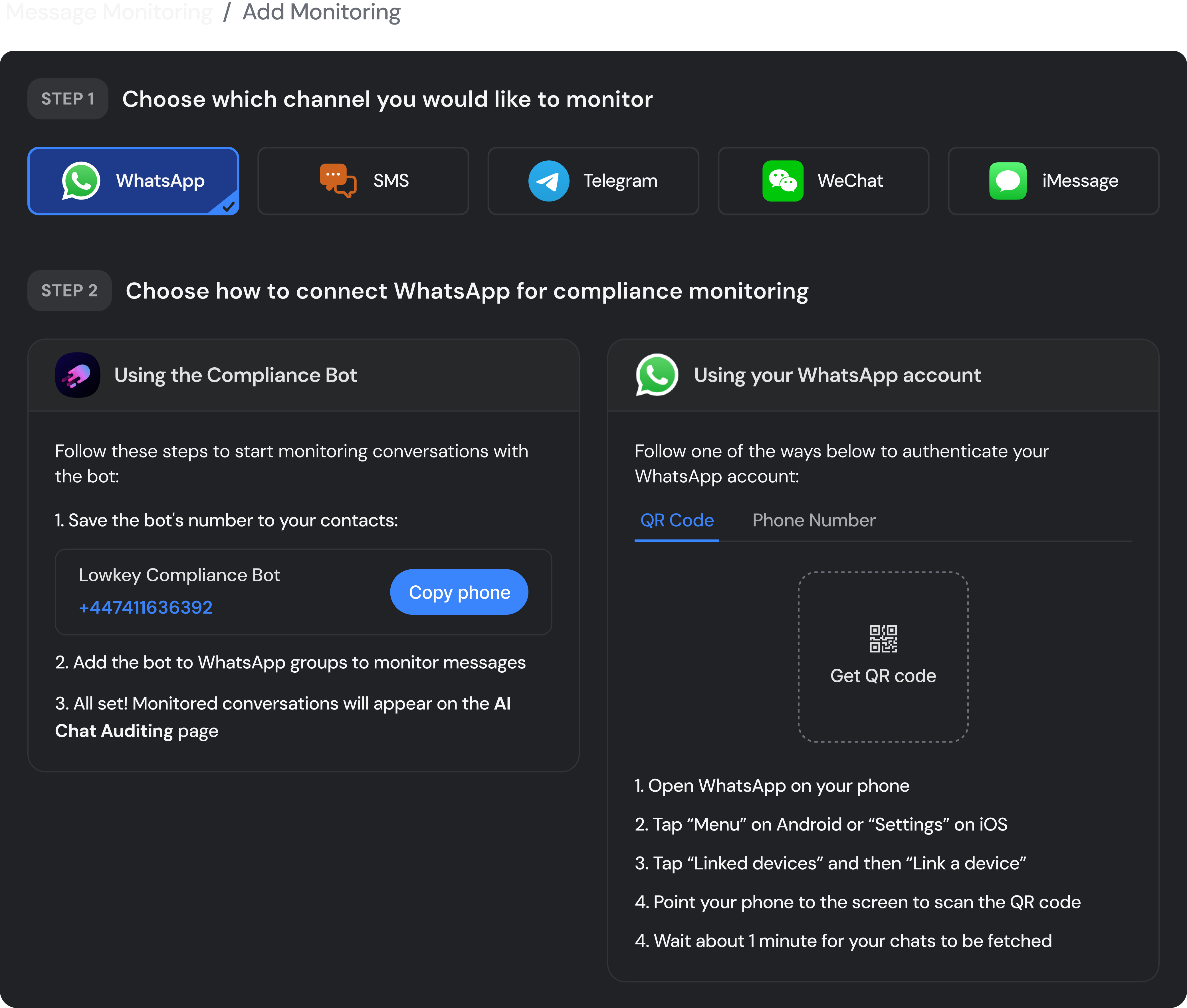 Seamless setup flow for connecting WhatsApp, SMS, Telegram, WeChat, and iMessage