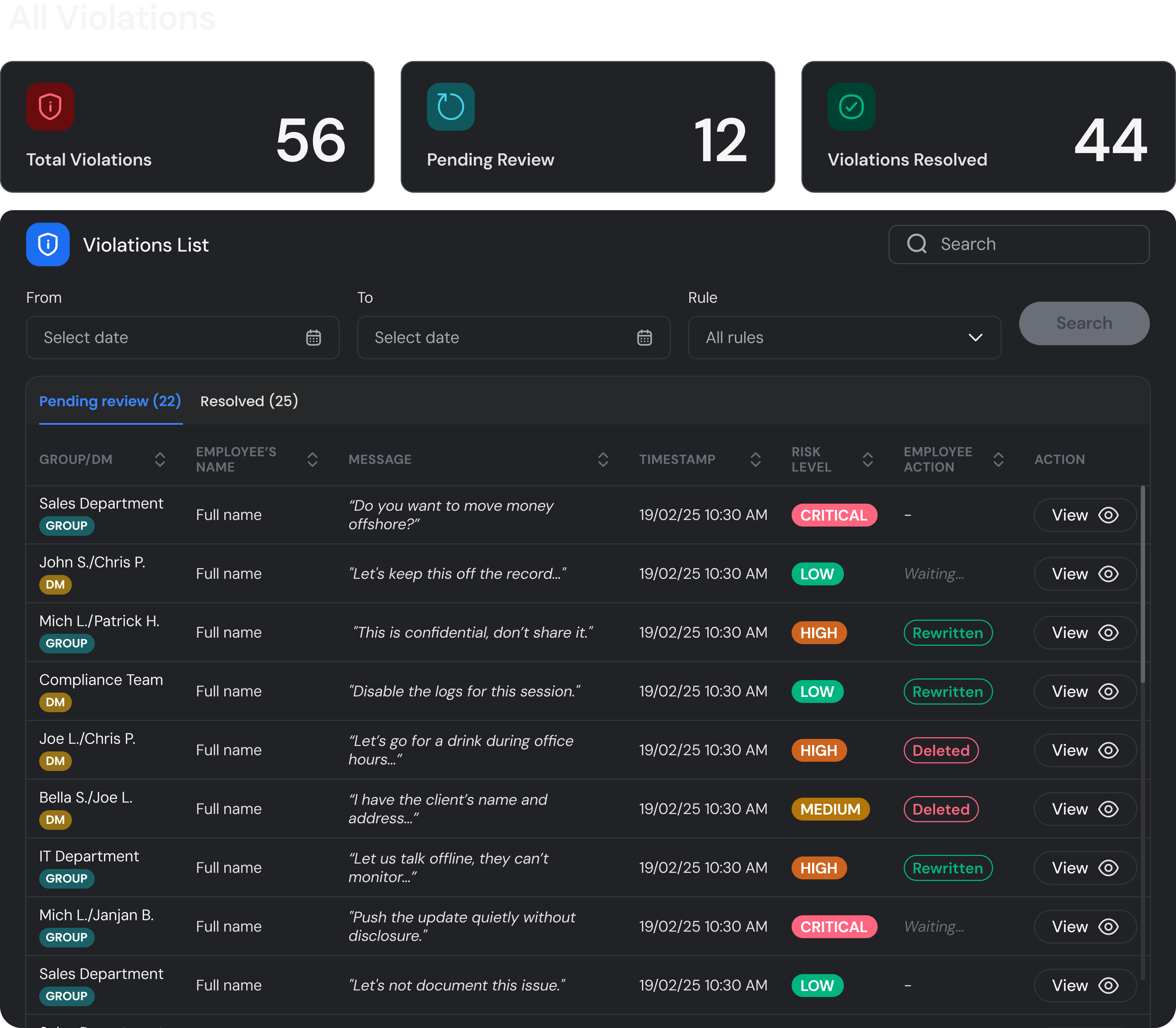 Compliance command center dashboard with violation detail panel