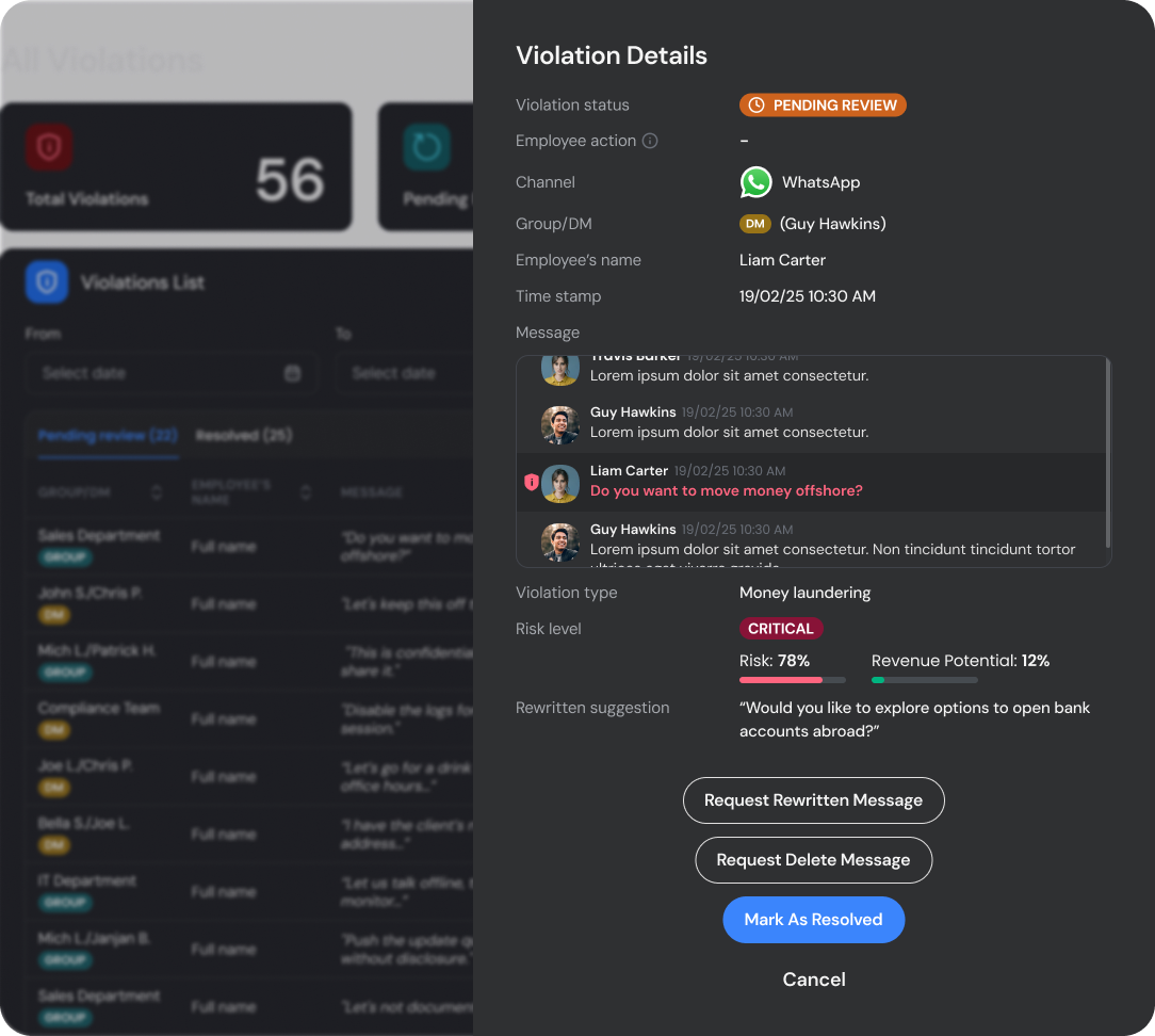 Compliance Copilot interface with real-time violation detection and rewrite suggestions