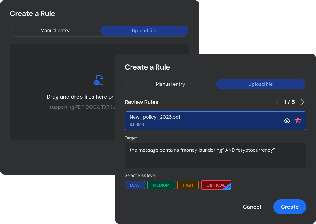 No-Code Policy Builder interface for creating and testing compliance rules