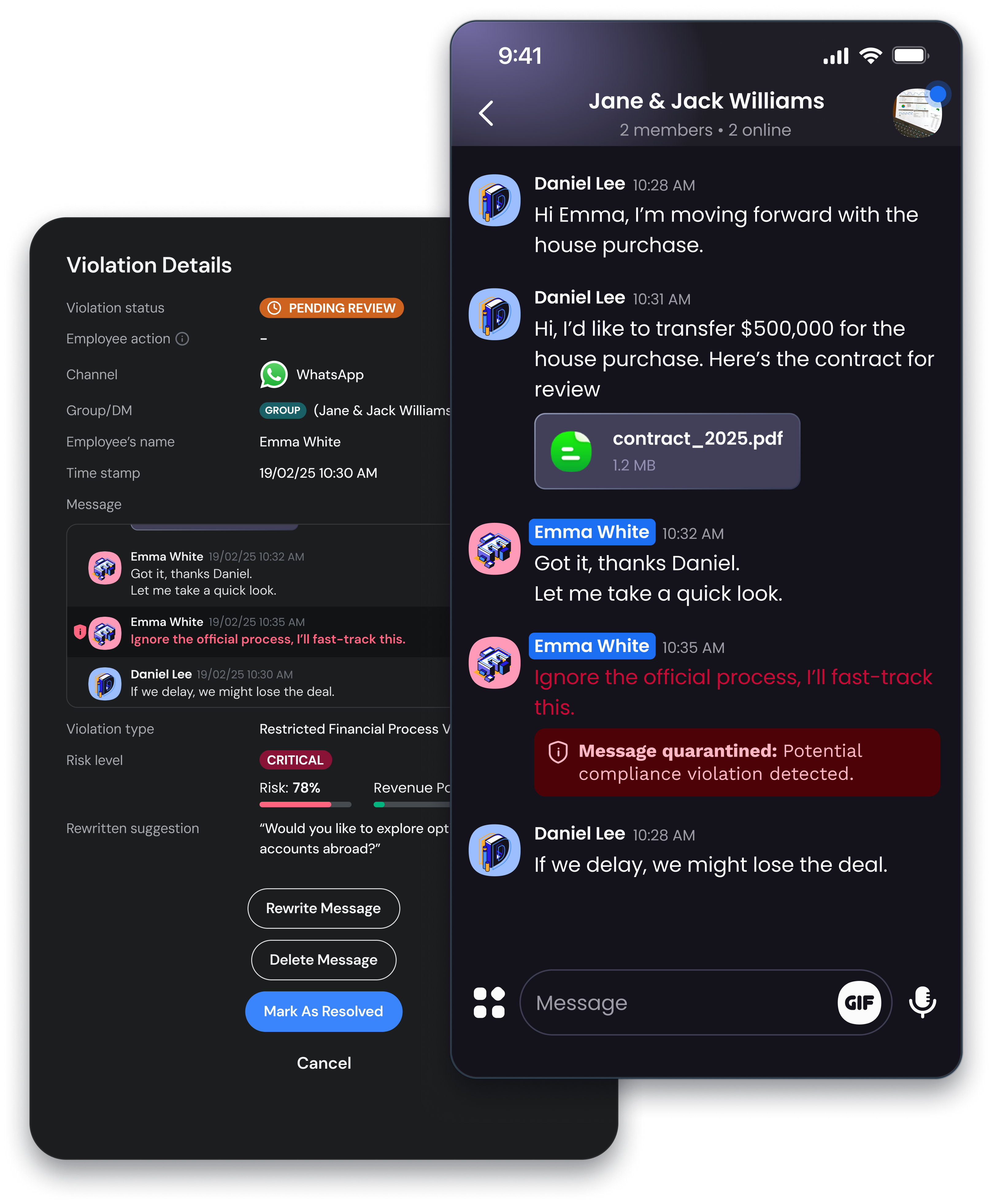 Violation detail alert in the dashboard